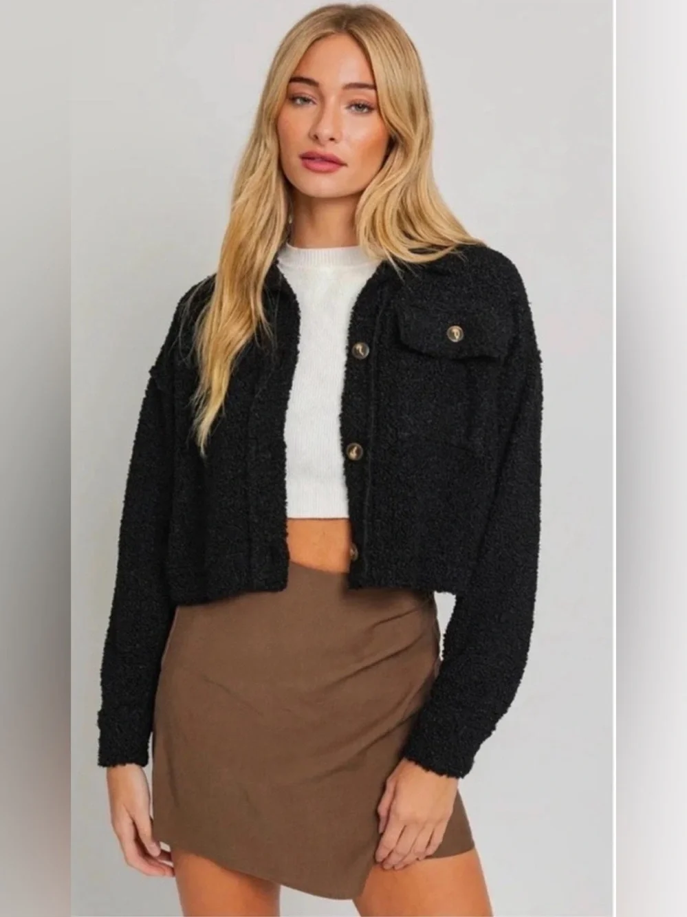 Black Bouclé Cropped Jacket - Women Jackets & Coats - Picture 1 of 3